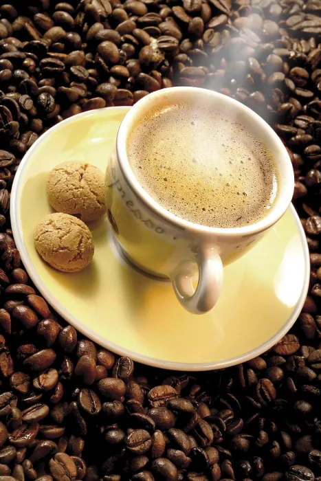 Framed Print : Coffee Cup on a Bed of Coffee Beans Print Framed Print : Coffee Cup on a Bed of Coffee Beans Print
