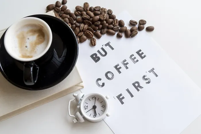 Framed Print : Coffee First Quote with Clock Print Framed Print : Coffee First Quote with Clock Print