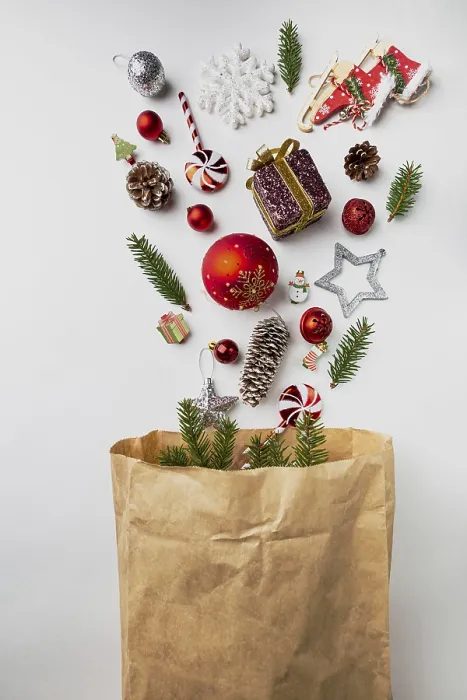 Framed Print : Christmas Objects in a Paper Bag Print Framed Print : Christmas Objects in a Paper Bag Print