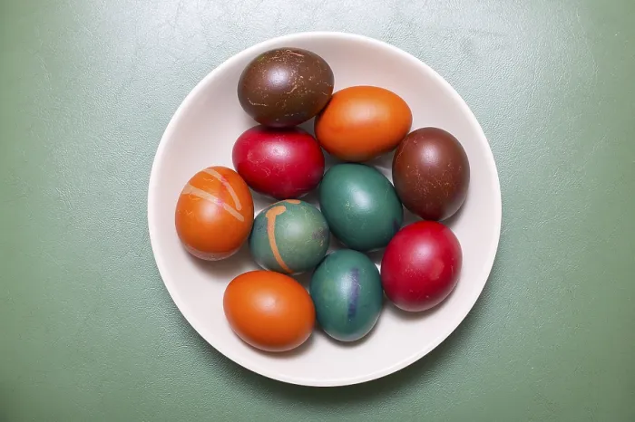 Framed Print : Colored Eggs in White Dish Print on Turquoise Background Framed Print : Colored Eggs in White Dish Print on Turquoise Background
