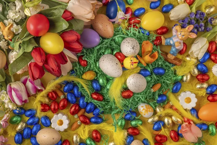 Framed Print : Colourful Easter Print with Eggs, Chocolate and Flowers Framed Print : Colourful Easter Print with Eggs, Chocolate and Flowers