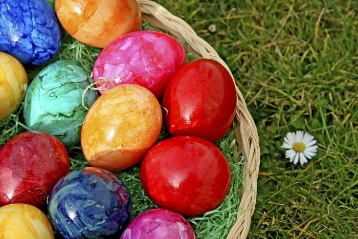 Framed Print : Colourful Easter Print with Eggs, Basket and Flowers Framed Print : Colourful Easter Print with Eggs, Basket and Flowers