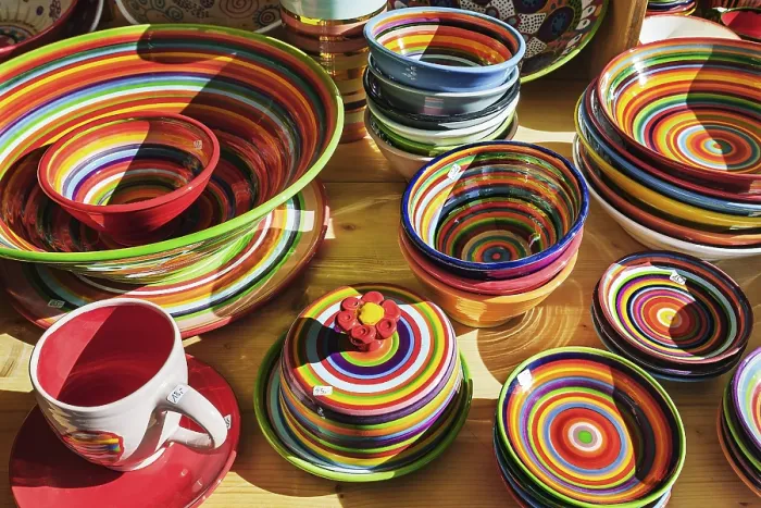 Framed Print : Colourful Tableware Print, Auer Dult Market, Munich Framed Print : Colourful Tableware Print, Auer Dult Market, Munich