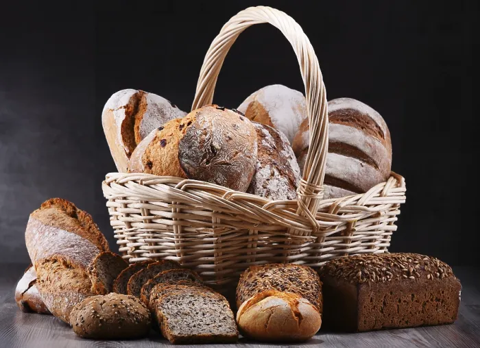 Framed Print : Composition with assorted bakery products in wicker basket Print Framed Print : Composition with assorted bakery products in wicker basket Print