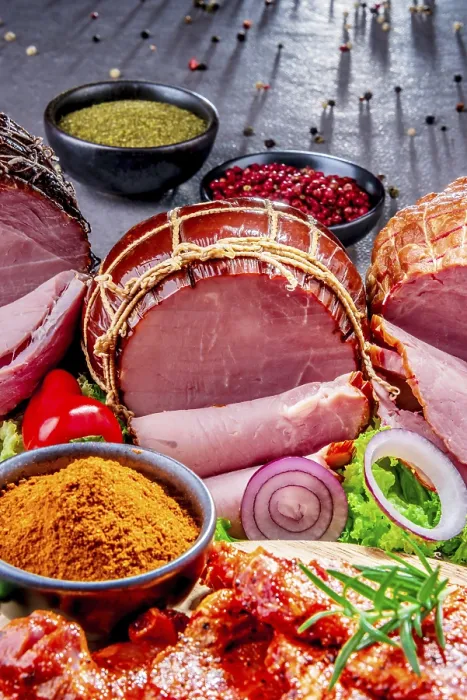 Framed Print : Composition with assorted meat products including ham Print
