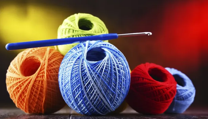 Framed Print : Composition with Assorted Colored Yarns and Hook Print Framed Print : Composition with Assorted Colored Yarns and Hook Print