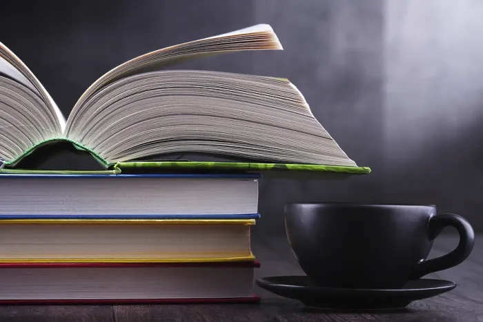Framed Print : Print of Composition with Books and Coffee on Table Framed Print : Print of Composition with Books and Coffee on Table