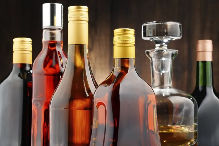 Framed Print : Composition with Bottles of Assorted Alcoholic Beverages Print
