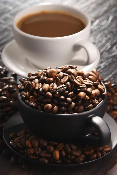 Framed Print : Composition with Two Cups of Coffee and Beans Print Framed Print : Composition with Two Cups of Coffee and Beans Print
