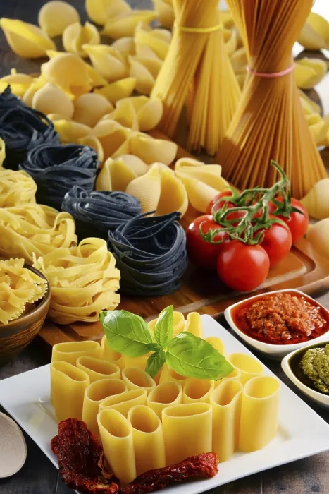 Framed Print : Composition with different sorts of pasta on kitchen table Print Framed Print : Composition with different sorts of pasta on kitchen table Print