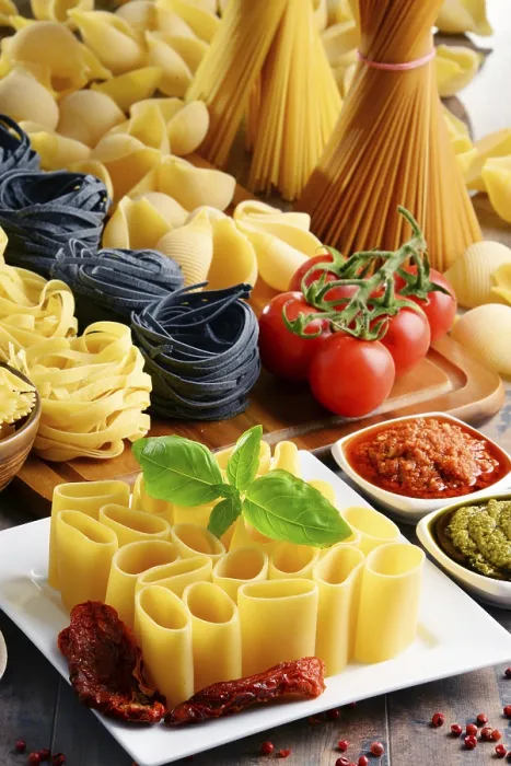 Framed Print : Composition with different sorts of pasta on kitchen table Print Framed Print : Composition with different sorts of pasta on kitchen table Print