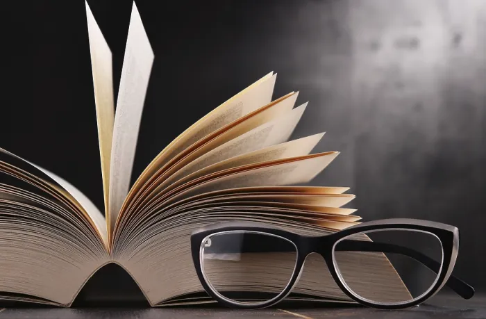 Framed Print : Print of Composition with Open Book and Glasses on Table Framed Print : Print of Composition with Open Book and Glasses on Table