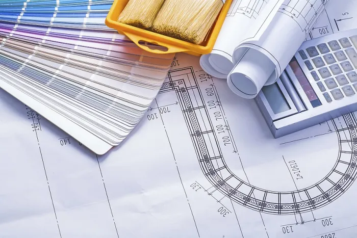 Framed Print : Composition of Tools Stack Rolled Up White Blueprints Print Framed Print : Composition of Tools Stack Rolled Up White Blueprints Print