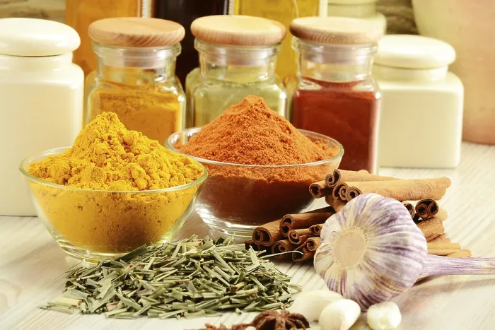 Framed Print : Composition with variety of spices on kitchen table Print Framed Print : Composition with variety of spices on kitchen table Print
