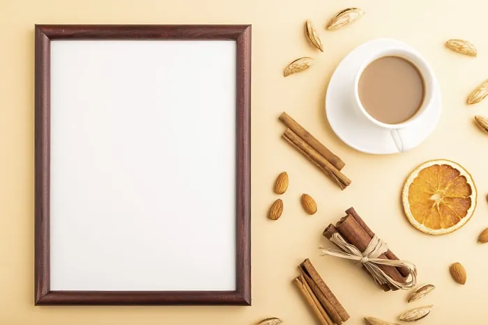 Framed Print : Composition with Wooden Frame, Almonds and Coffee Print Framed Print : Composition with Wooden Frame, Almonds and Coffee Print