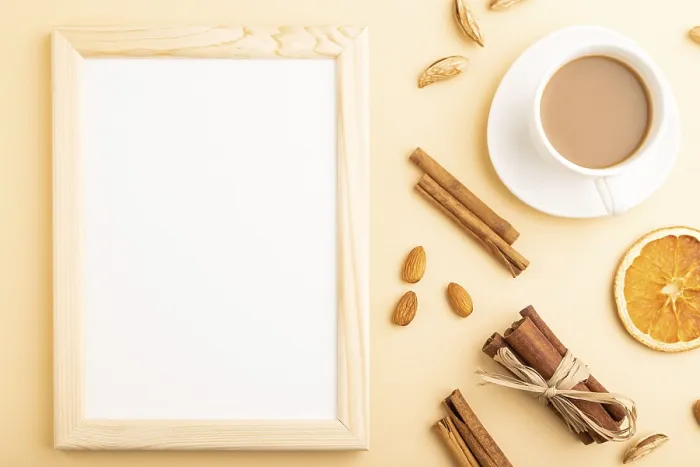 Framed Print : Composition with Wooden Frame, Almonds and Coffee Print Framed Print : Composition with Wooden Frame, Almonds and Coffee Print