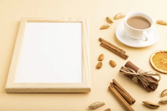 Framed Print : Composition with wooden frame, almonds print Framed Print : Composition with wooden frame, almonds print