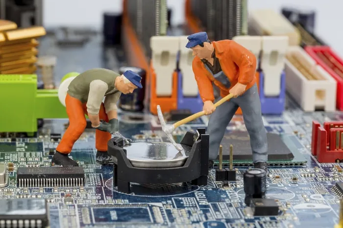 Framed Print : Computer Board and Worker - Print Framed Print : Computer Board and Worker - Print