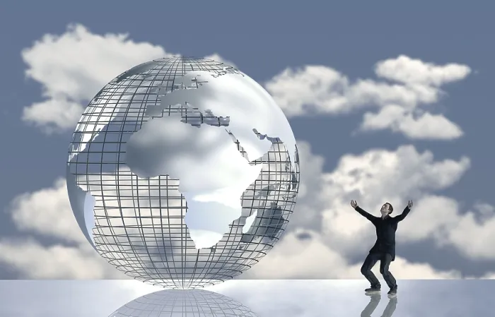 Framed Print : Computer Graphics Print: Man in Front of Globe Framed Print : Computer Graphics Print: Man in Front of Globe
