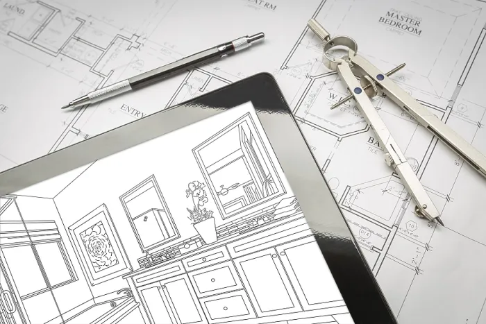 Framed Print : Computer Tablet Print with House Plans and Design Elements Framed Print : Computer Tablet Print with House Plans and Design Elements