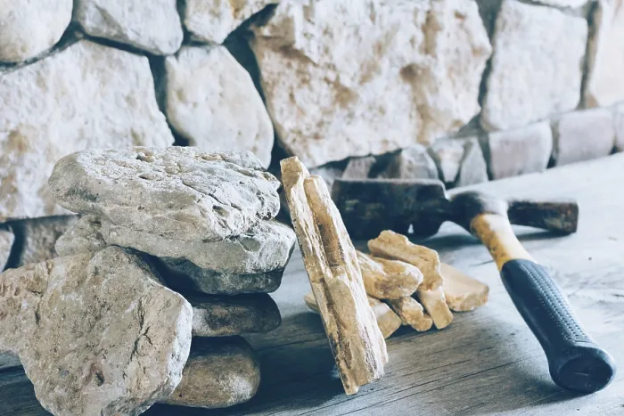 Framed Print : Construction Hammer and Flagstone Print Closeup Framed Print : Construction Hammer and Flagstone Print Closeup