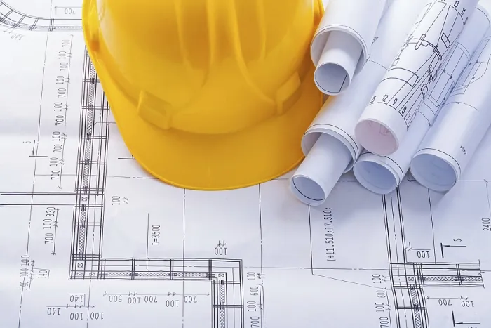 Framed Print : Construction Print with Helmet and Blueprints Framed Print : Construction Print with Helmet and Blueprints