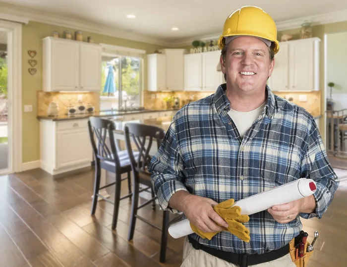 Framed Print : Custom Kitchen Print: Contractor with Plans and Hard Hat Framed Print : Custom Kitchen Print: Contractor with Plans and Hard Hat