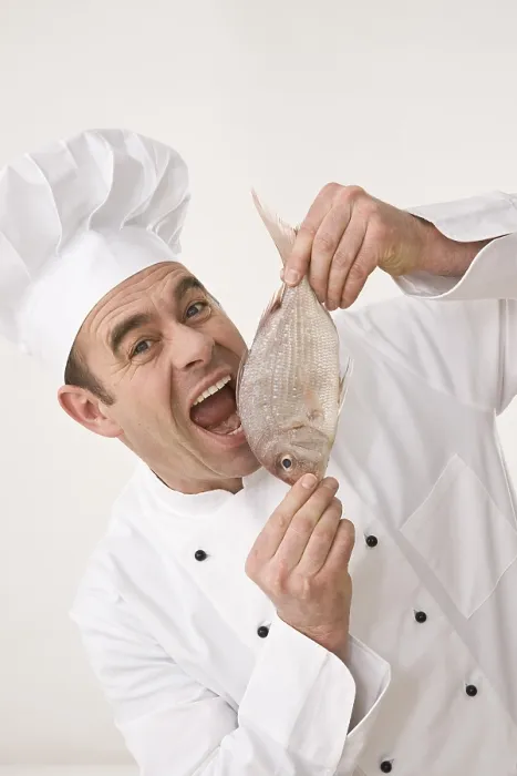 Framed Print : Captain James Cook Biting into Raw Fish Print Framed Print : Captain James Cook Biting into Raw Fish Print