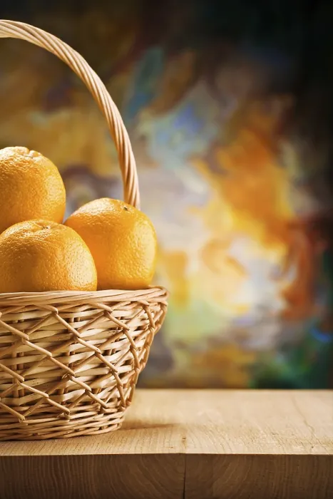 Framed Print : Copy Space Oranges in Wicker Basket Print