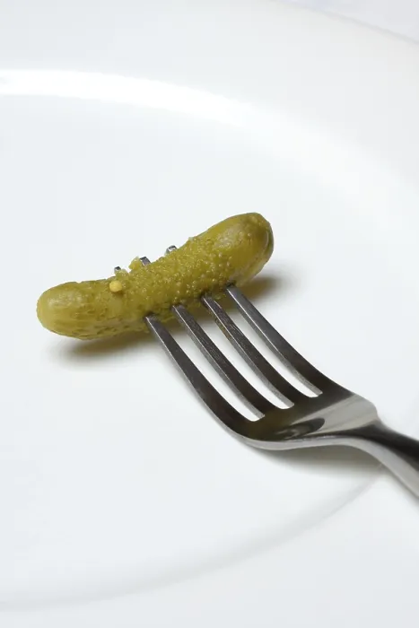 Framed Print : Cornichon, fork with cucumber on plate, Germany print