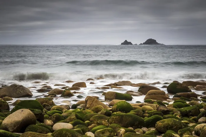 Framed Print : Cornwall Seascape Print with Moss Covered Rocks Framed Print : Cornwall Seascape Print with Moss Covered Rocks
