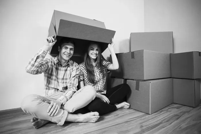 Framed Print : Couple with empty boxes on heads Print Framed Print : Couple with empty boxes on heads Print