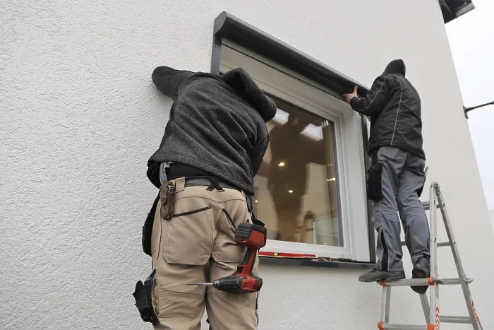 Framed Print : Craftsmen Install Front-Mounted Roller Shutter Print Framed Print : Craftsmen Install Front-Mounted Roller Shutter Print