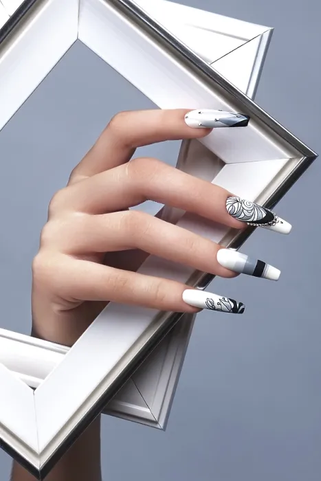 Framed Print : Creative Gradient Nail Print on Female Hands Framed Print : Creative Gradient Nail Print on Female Hands