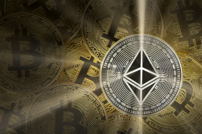Framed Print : Bitcoin and Ethereum Gold Print on Silver Coin Background Framed Print : Bitcoin and Ethereum Gold Print on Silver Coin Background