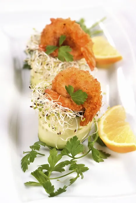 Framed Print : Cucumber Appetizer with Fried Breaded Shrimp Print Framed Print : Cucumber Appetizer with Fried Breaded Shrimp Print