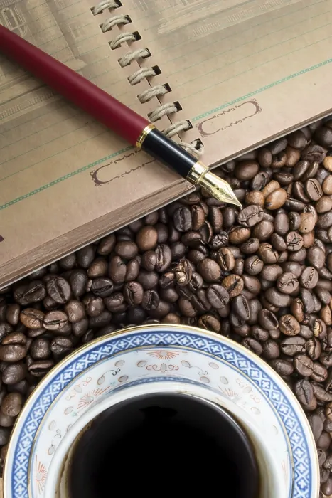 Framed Print : Coffee Shop Print: Cup, Notebook and Pen Framed Print : Coffee Shop Print: Cup, Notebook and Pen