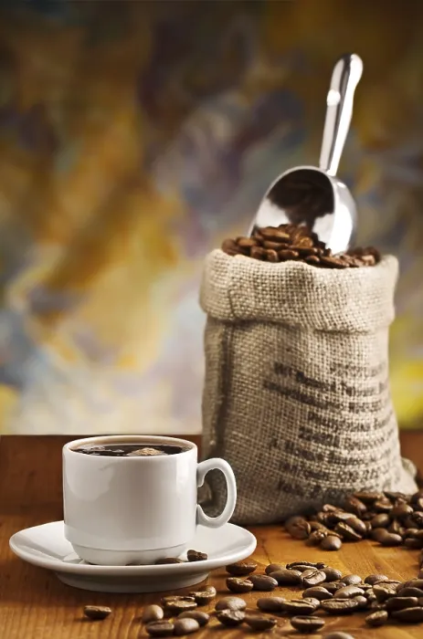 Framed Print : Cup with coffee and sack Print Framed Print : Cup with coffee and sack Print