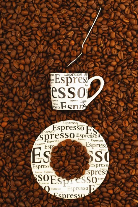 Framed Print : Coffee Print: Cup on Table of Beans Framed Print : Coffee Print: Cup on Table of Beans