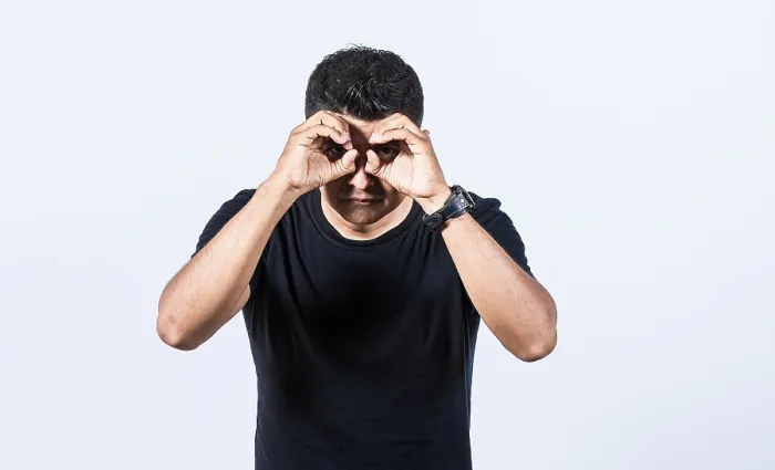 Framed Print : Curious Man Making Binoculars Gesture Print Framed Print : Curious Man Making Binoculars Gesture Print