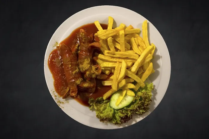 Framed Print : Currywurst with Chips Print, Franconia, Germany Framed Print : Currywurst with Chips Print, Franconia, Germany