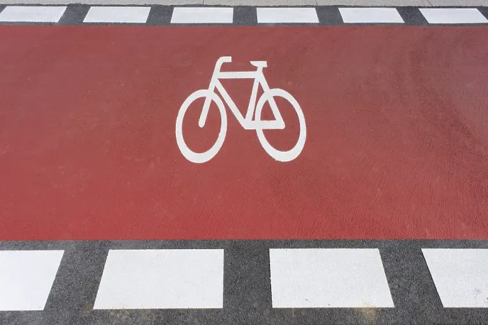 Framed Print : Cycle Path Print with Pictogram at Junction, Germany Framed Print : Cycle Path Print with Pictogram at Junction, Germany