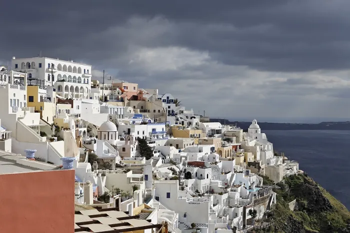 Framed Print : Dark Clouds of a Thunderstorm Print, Santorini, Greece