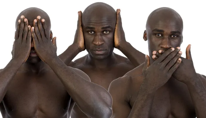 Framed Print : Three Wise Monkeys Print - Dark-skinned man Framed Print : Three Wise Monkeys Print - Dark-skinned man
