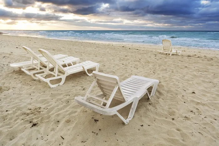 Framed Print : Deckchairs on a Beach Print with Ocean Background Framed Print : Deckchairs on a Beach Print with Ocean Background