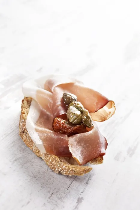Framed Print : Rustic Tapas Print: Ciabatta with Prosciutto and Capers