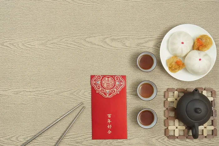 Framed Print : Chinese New Year Print: Dumplings, Tea and Red Envelopes Framed Print : Chinese New Year Print: Dumplings, Tea and Red Envelopes