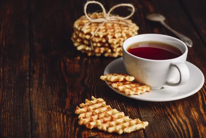 Framed Print : Dessert with Cup of Tea and Waffles Print Framed Print : Dessert with Cup of Tea and Waffles Print