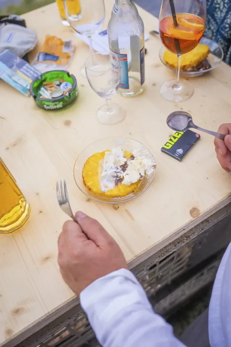 Framed Print : Print of Dessert with Pineapple and Cream on a Table Framed Print : Print of Dessert with Pineapple and Cream on a Table