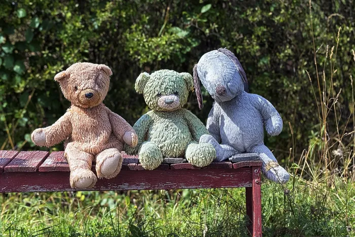 Framed Print : Three Coloured Stuffed Animals on a Red Bench Print Framed Print : Three Coloured Stuffed Animals on a Red Bench Print